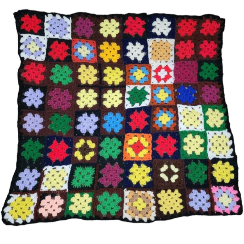 Vtg Crochet 3 x 3 ft Afghan Blanket Lap Throw Granny Squares BRIGHT multicolor